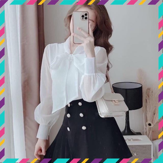 Áo sơ mi tay bồng cổ nơ khuy ngọc 2 lớp mặc đi chơi, đi làm cực xinh_350 MSP11639 | BigBuy360 - bigbuy360.vn