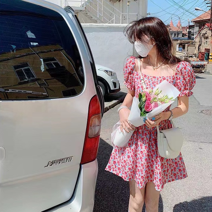 Đầm Tay Phồng Cổ Vuông Họa Tiết Hoa Phong Cách Hàn Quốc Thời Trang Cho Nữ