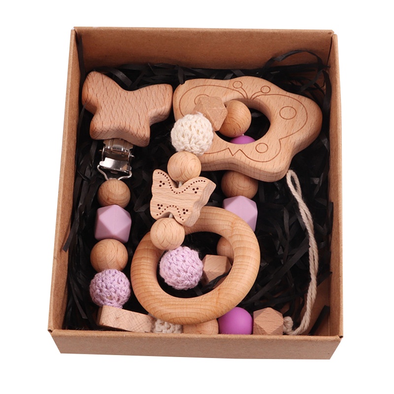 Bộ 2 Đồ Chơi Vòng Tay Lục Lạc Gỗ Phối Chuỗi Xích Gắn Núm Vú Giả Dễ Thương Cho Bé Mọc Răng