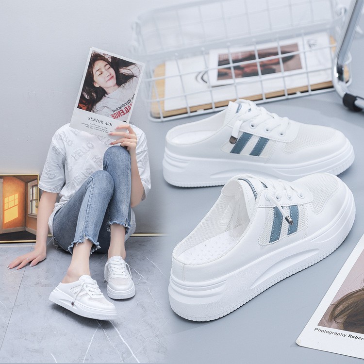 Giày Thể Thao Sneaker Nữ FOXY Dáng Sục Mule Hở Gót Basic Màu Trắng Đế Cao_FOX010