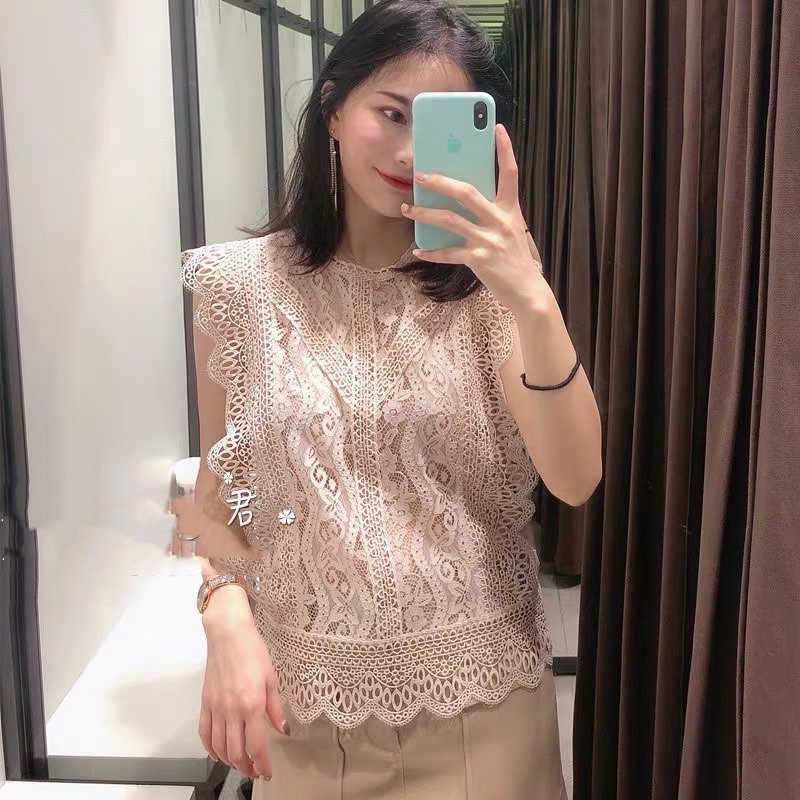 Áo sơ mi ren cắt lace thêu nữ