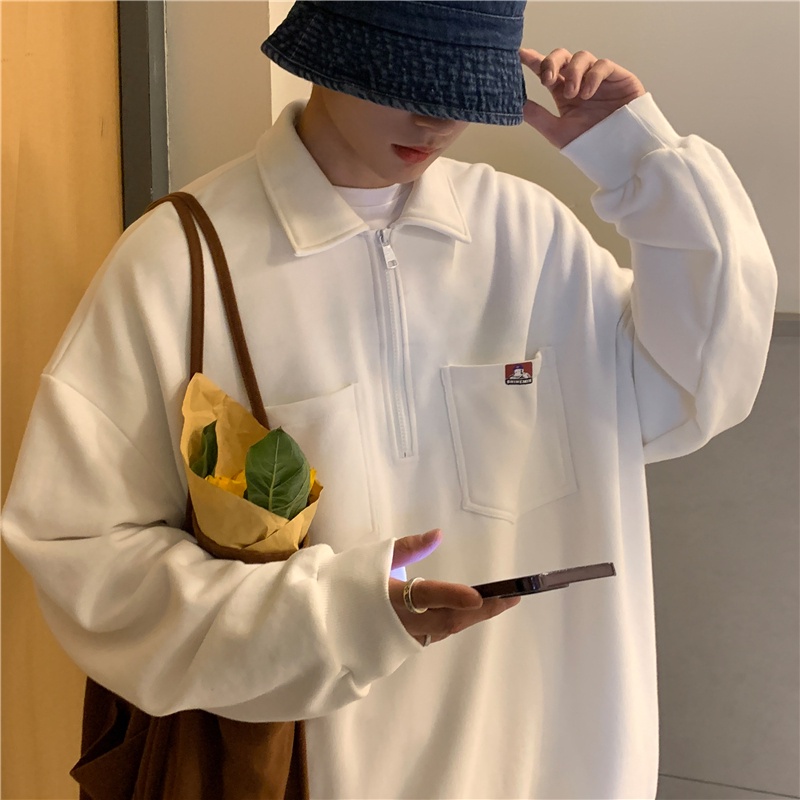 Áo sweater tay dài dáng rộng cổ polo phối khóa kéo nửa thời trang retro cá tính cho nam