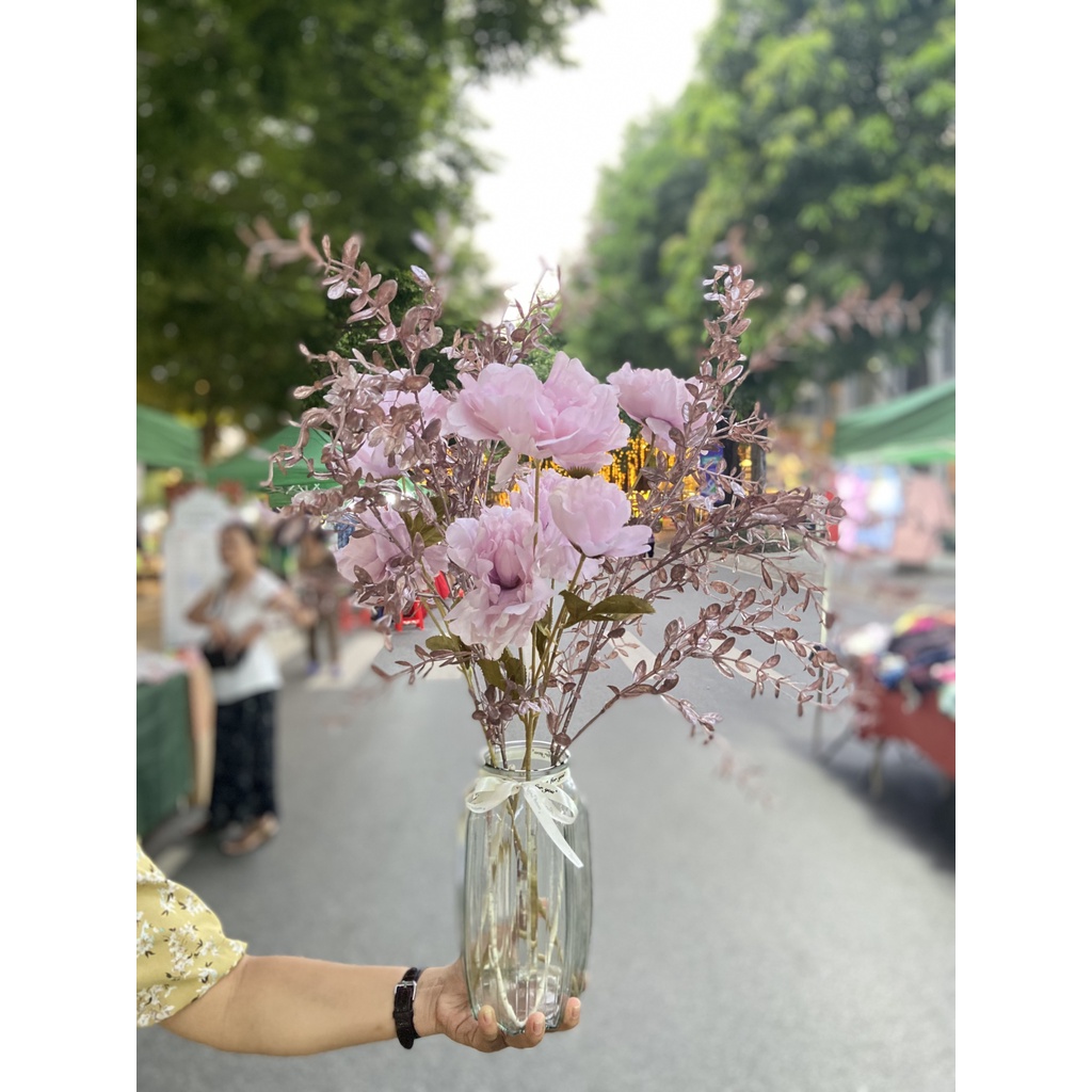 Hoa mẫu đơn giả - lụa màu hồng trang trí nhà cửa