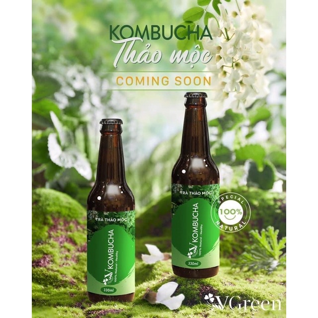 KOMBUCHA VGREEN - Trà bất tử hữu cơ dưỡng sinh vị Trà xanh, Dừa, Dâu, Đào, Sâm dứa, Sen, Nhài, Nhiệt đới 330ml