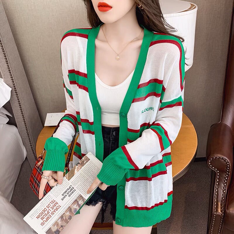 áo len khoác cardigan - len khoác mỏng kẻ sọc ngang phối màu nổi bật (bz287#)