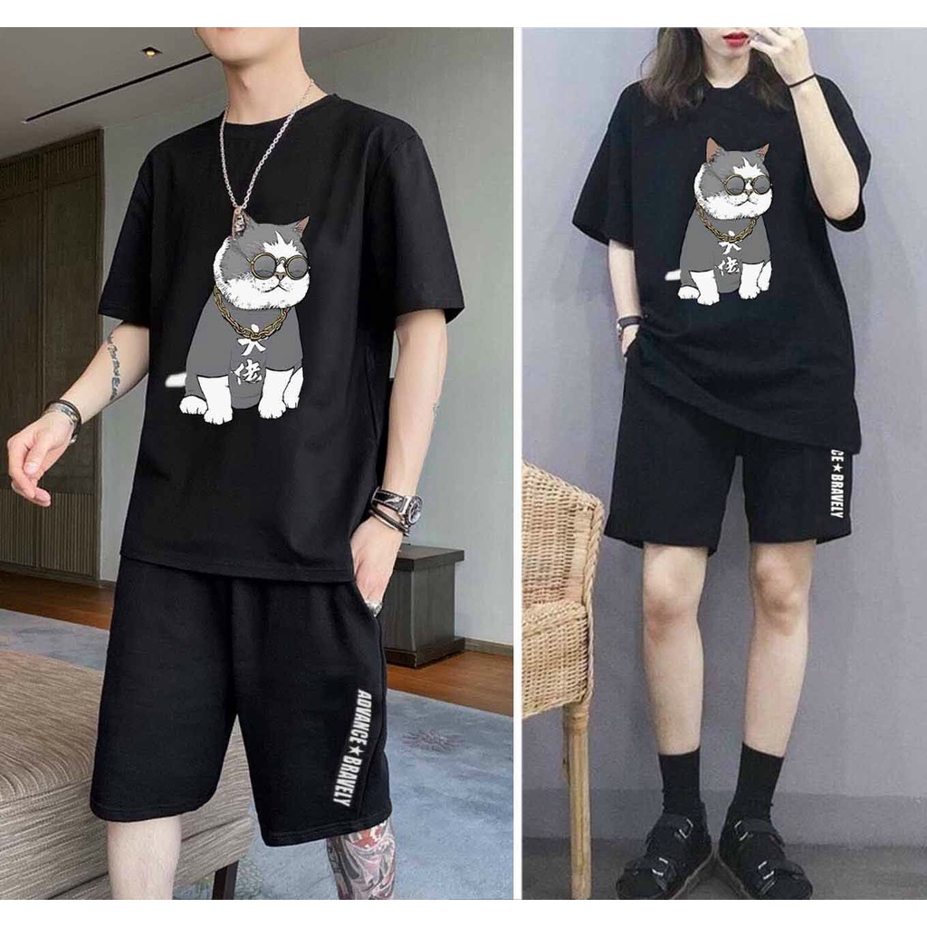Đồ bộ thun thể thao nam nữ cặp đôi Unisex in hình mèo lười chất thun mè mềm mịn co dãn 4 chiều thoáng mát