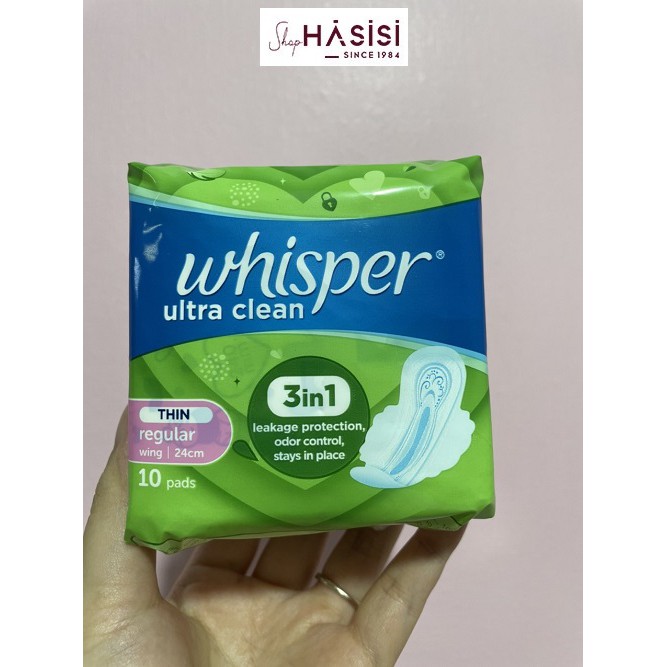 Băng vệ sinh Mỏng 10 Miếng - Xanh Lá WHISPER - Ultra Clean Normal Flow Wings 24cm (mẫu mới)