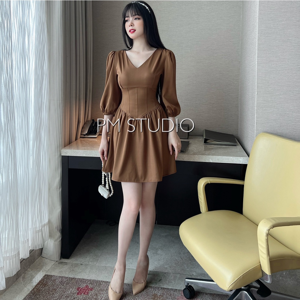 Váy cổ V táy bồng dễ mặc, đầm thiết kế tôn triệt dáng, v1 đẹp - v2 định hình bé tý tẹo- ai béo bụng cũng nên sắm nhớ