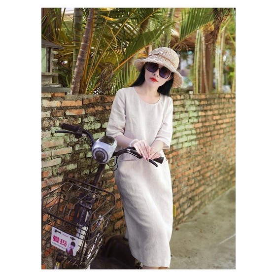 Đầm linen dáng suông kem muối tiêu cổ tròn tay lỡ túi hàm ếch chất linen bột thoáng mát thấm hút mồ hôi