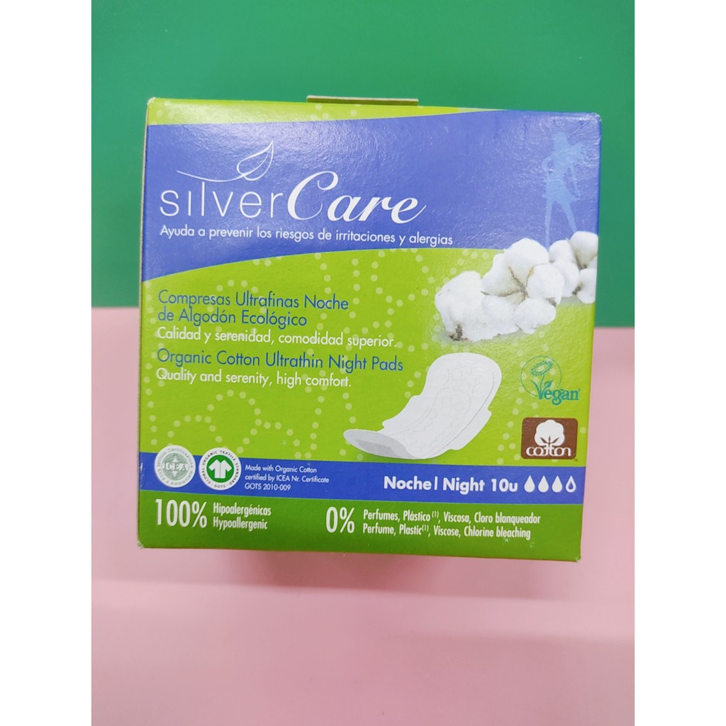 Băng vệ sinh hữu cơ siêu mỏng có cánh ban đêm Silvercare 10 ps