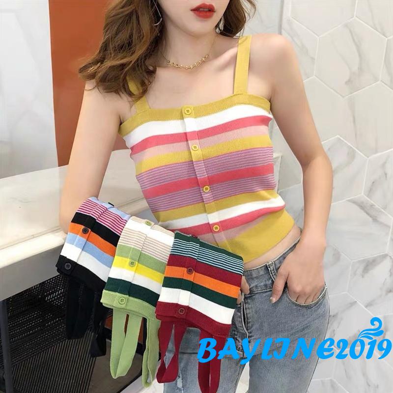 Áo croptop hai dây dệt kim họa tiết kẻ sọc nhiều màu sắc thời trang mùa hè cho nữ