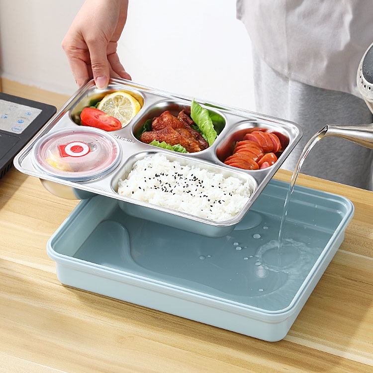 Khay cơm lõi INOX 5 NGĂN kèm đũa và thìa có nắp đậy tiện lợi