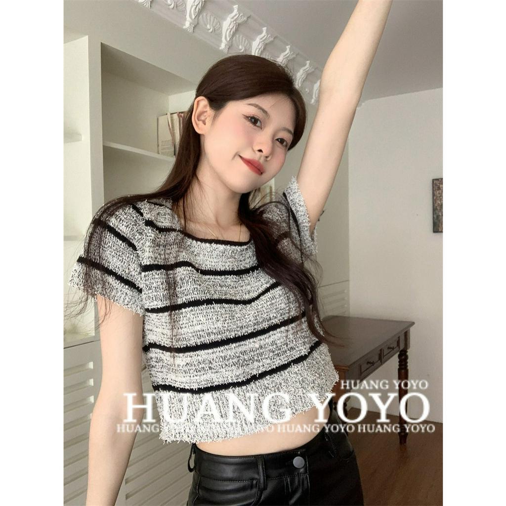Mới Áo Croptop Dệt Kim Tay Ngắn Cổ Vuông Hoạ Tiết Kẻ Sọc Phong Cách Vintage
