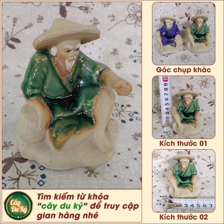 Tượng ông lão ngồi câu cá mini gốm sứ Bát Tràng - 5x5x8 cm làm mô hình trang trí tiểu cảnh, trang trí bể cá