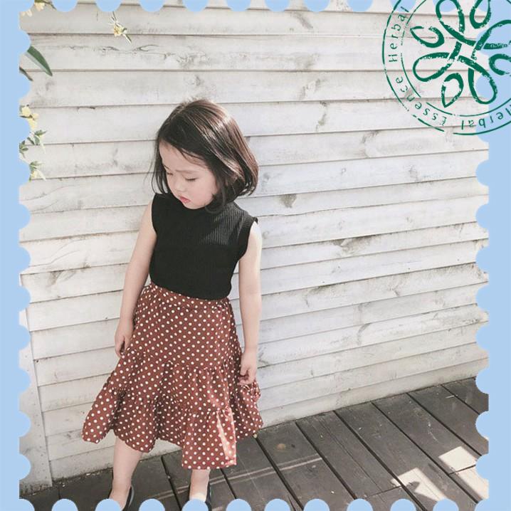 Bộ áo sát nách + chân váy chấm bi cho bé gái