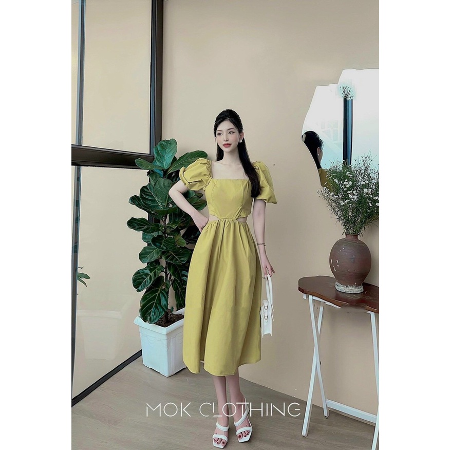 đầm suông nhẹ kiểu khoét eo cổ vuông rộng tay ngắn