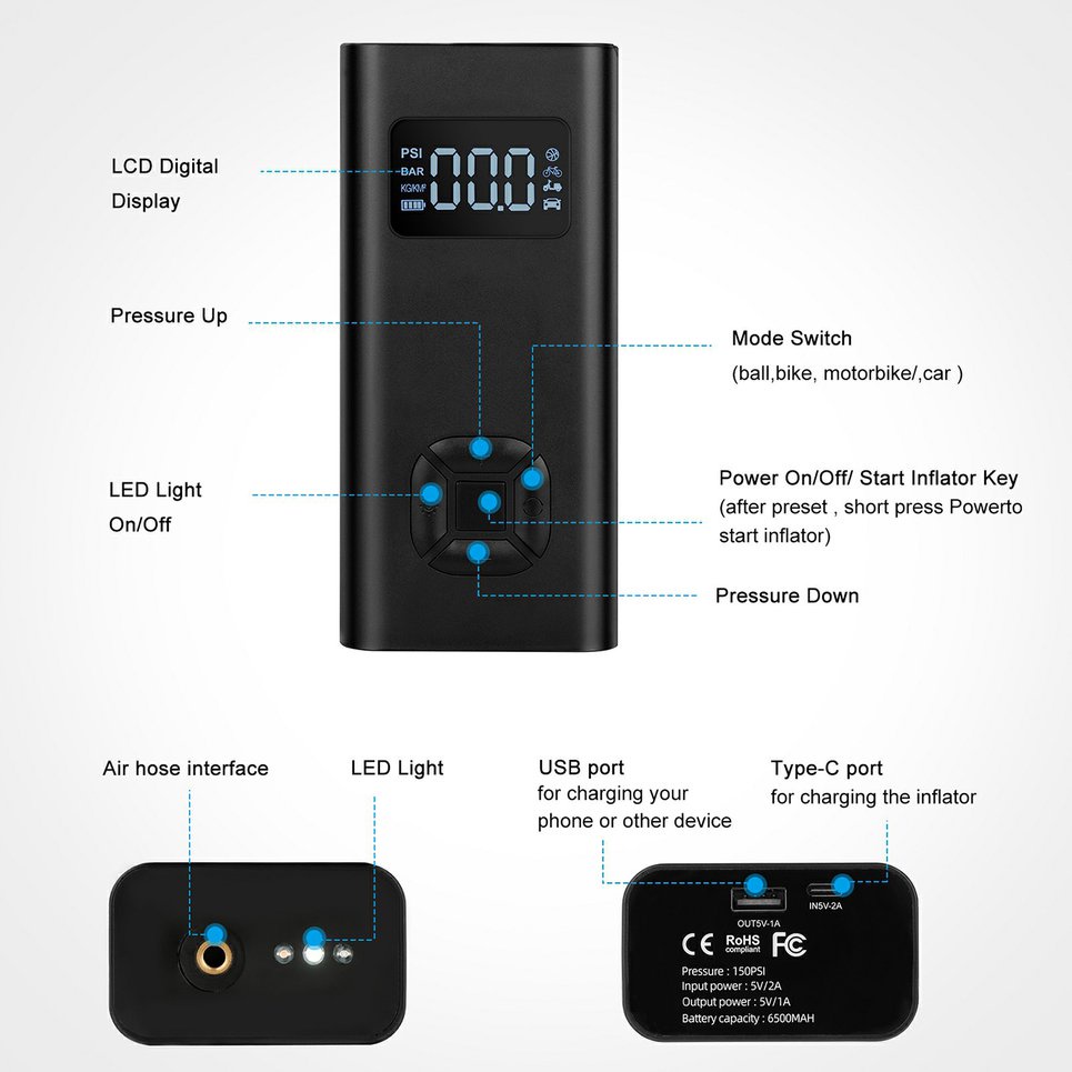 Smart Wireless Car Air Pump Portable Mini Car Bicycle Basketball Pump