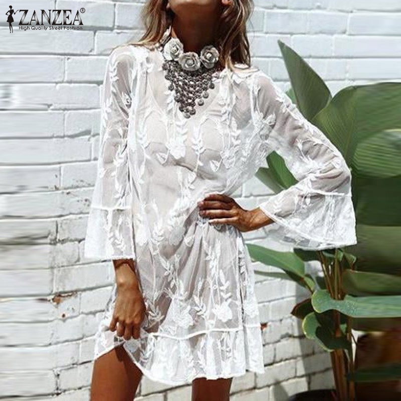 Zanzea Đầm Tay Loe Phối Ren Xuyên Thấu Thời Trang Mùa Hè Cho Nữ