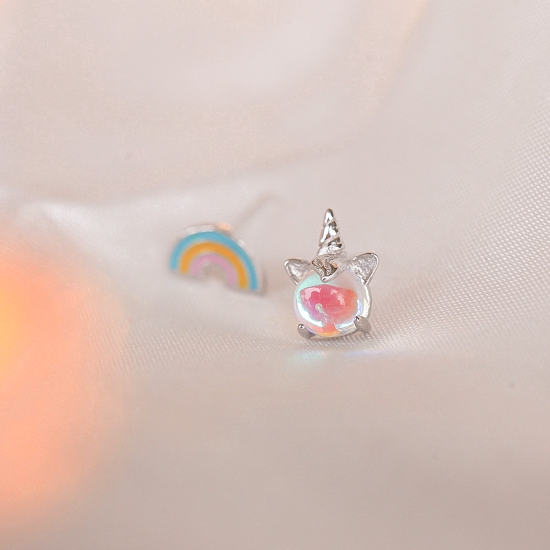 Rainbow Unicorn Stud Earrings 925 Sterling Silver Asymmetric Earrings Student Accessories