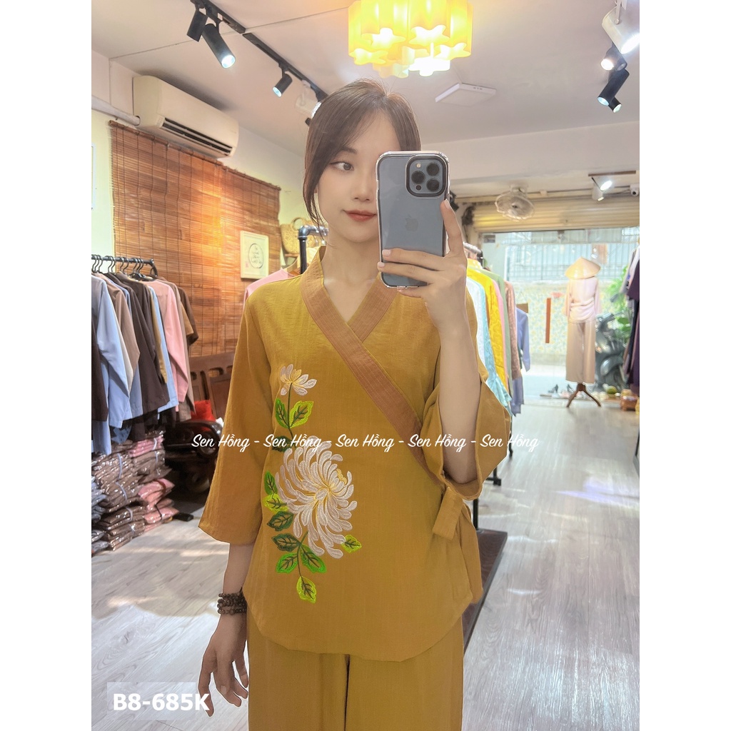 [SEN HỒNG] Quần áo Phật tử thiết kế # đồ lam nữ thêu hoa cúc thủ công - pháp phục vải đũi Hàn dày dặn B8