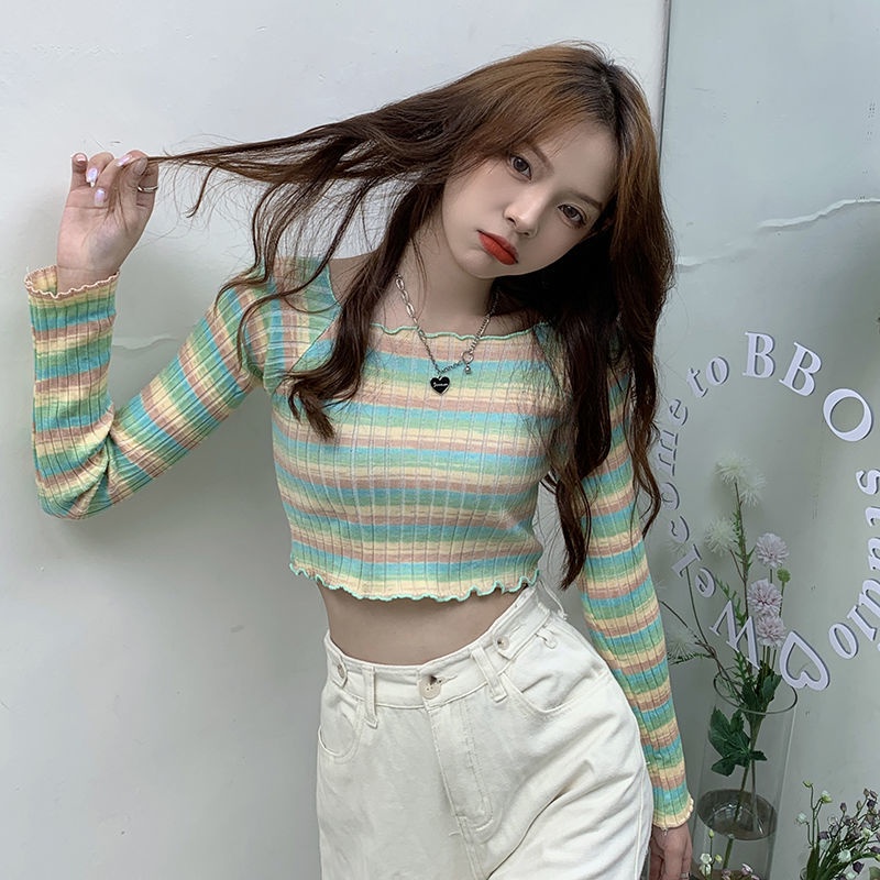 Áo Sweater Tay Dài Dáng Ôm Kẻ Sọc Cầu Vồng Hở Vai Quyến Rũ Cho Nữ