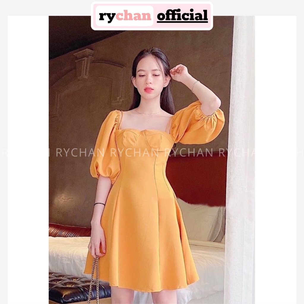 Đầm Nữ Dự Tiệc Form Ngắn Cổ Vuông Tay Phồng Chun Phối Dây Chiết Eo Màu Vàng [ẢNH THẬT CUỐI] - DX9843