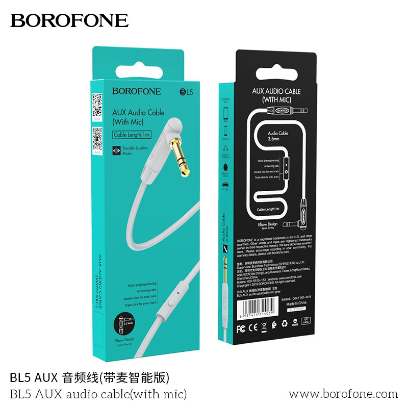 Cáp Audio AUX BOROFONE BL5 Chuyển Jack 3.5mm sang Jack 3.5 mm, Hỗ trợ Microfone, Nút điều khiển