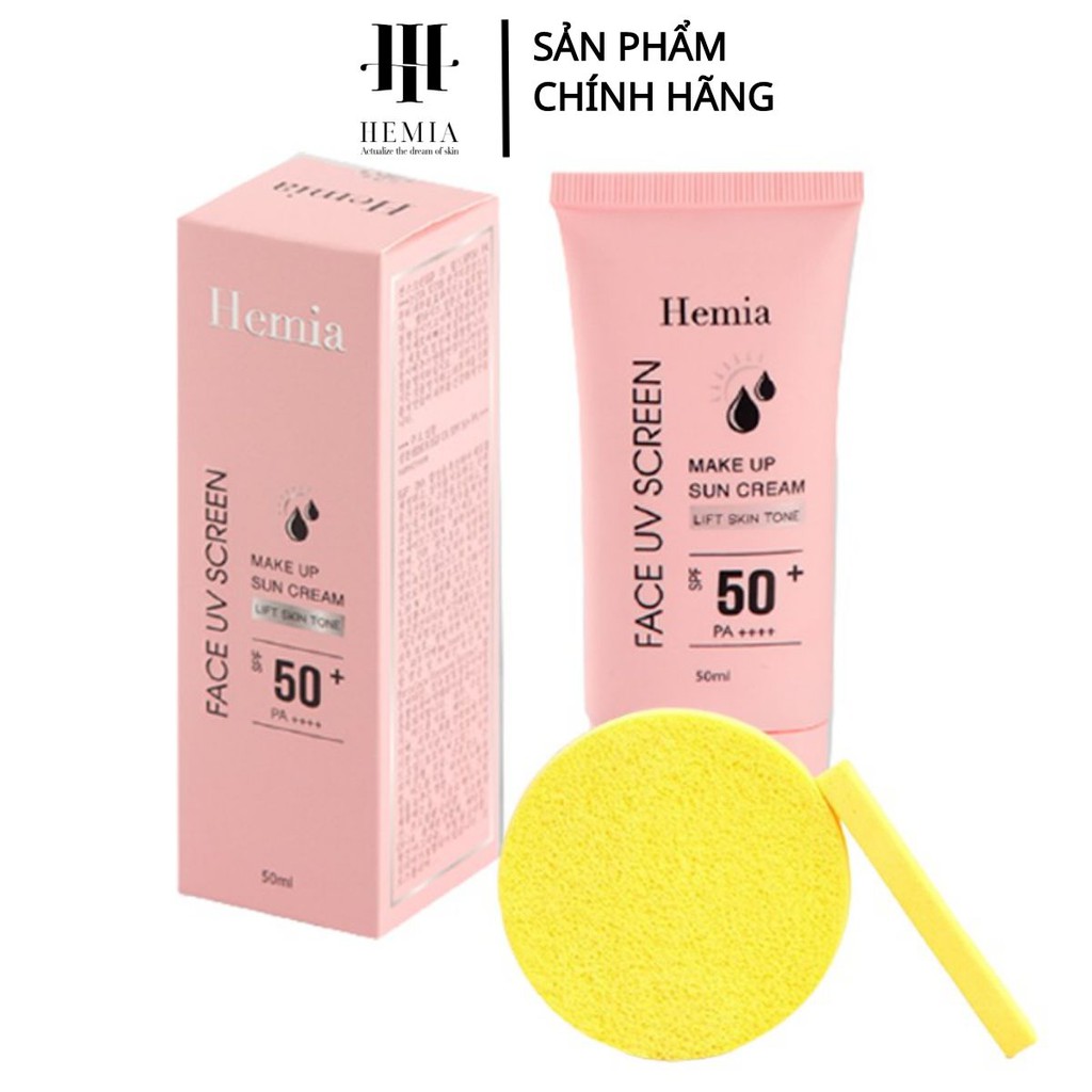 Combo kem chống nắng 50ml SPF50+ PA++++ và bông nở rửa mặt 12 miếng Hemia thân thiện làn da