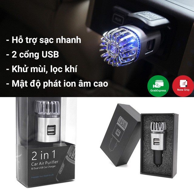 Máy lọc không khí ô tô tạo ion âm Ionkini 12V kèm tẩu sạc 2 cổng USB 5V/2A khử mùi, lọc bụi cho xe hơi