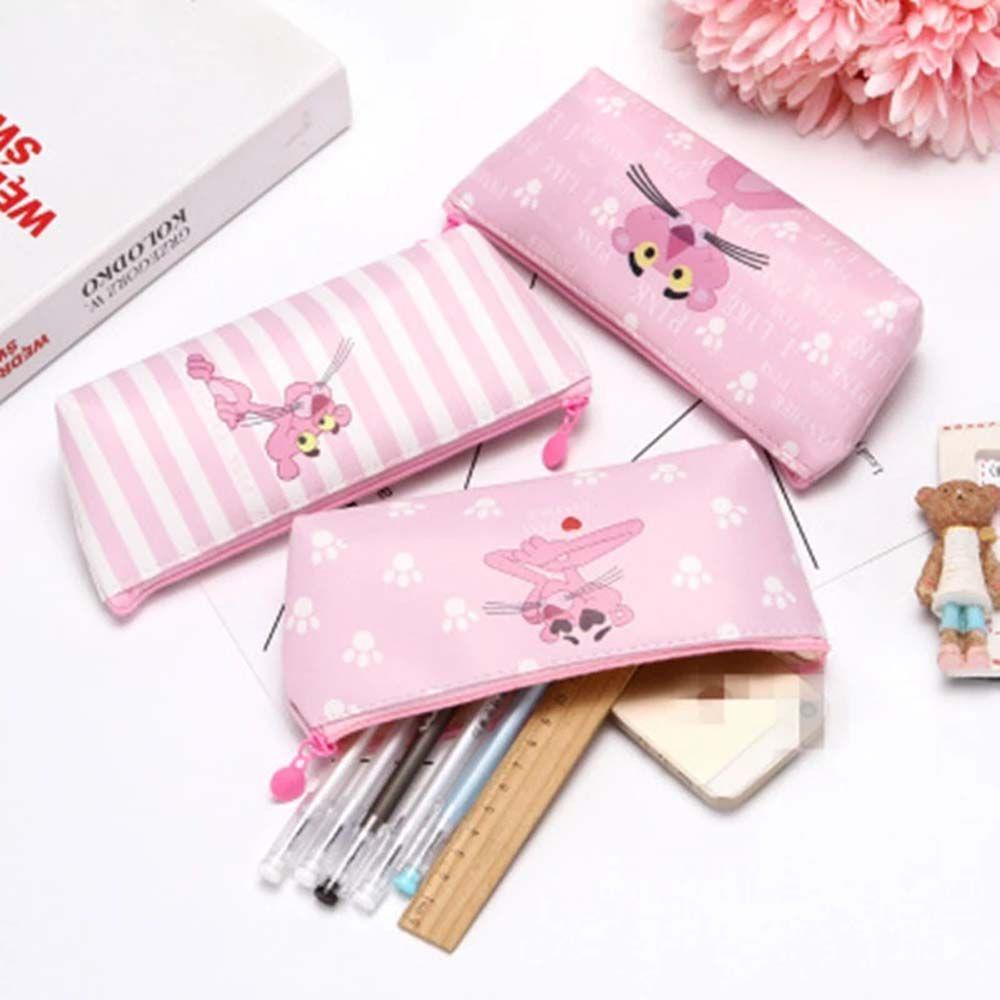 Túi Đựng Bút Bằng Da PU Đa Năng Có Khóa Kéo In Hình Báo Hồng Dễ Thương Ốp