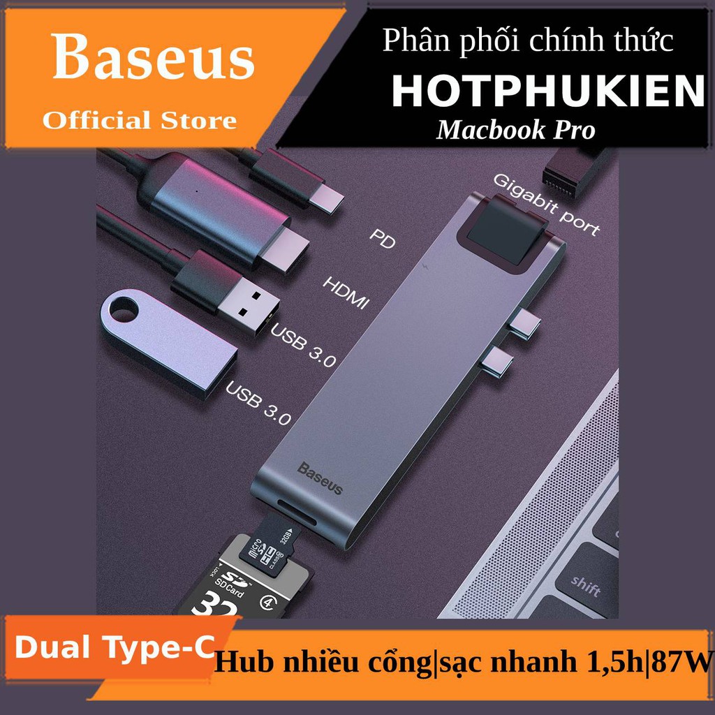 Bộ HUB chia cổng sạc 7 in 1 hiệu Baseus Thunderbolt Dual Type-C cho Macbook Pro - Hàng chính hãng