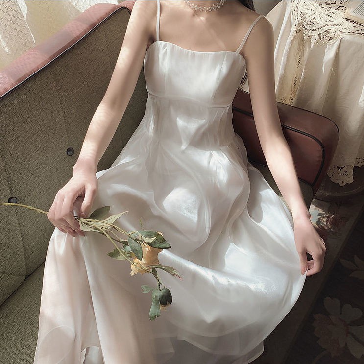 Mối tình đầu dịu dàng váy treo trắng khí chất mới mùa hè 2021 váy cổ tích cạp cao nữ đầm dài trung bình | BigBuy360 - bigbuy360.vn