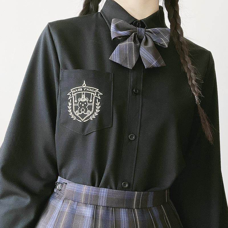 quần áo trẻ em✜▩Lucky Bear JK Đồng phục thêu áo sơ mi nữ sinh viên dài tay ngắn phong cách Nhật cơ bản trắng kem