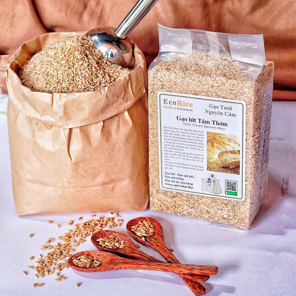 Gạo Lứt Tám Thơm nguyên cám ECO RICE 1Kg - Canh tác hữu cơ, không hóa chất, vị thơm tự nhiên và giàu chất dinh dưỡng