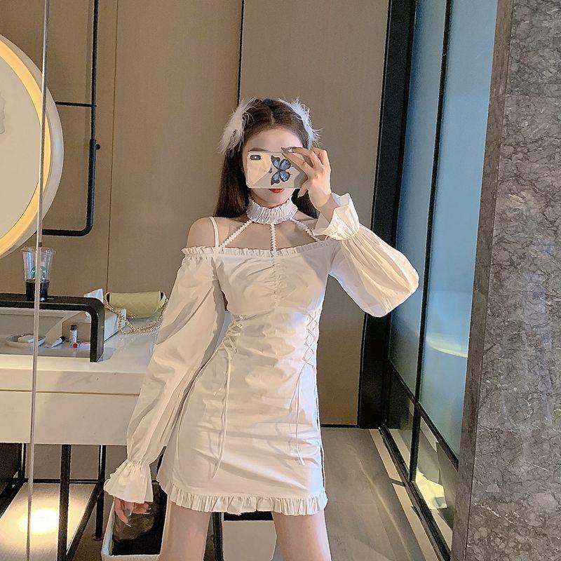 Đầm trễ vai màu trắng phong cách retro Pháp cho nữ tùy chọn kích thước