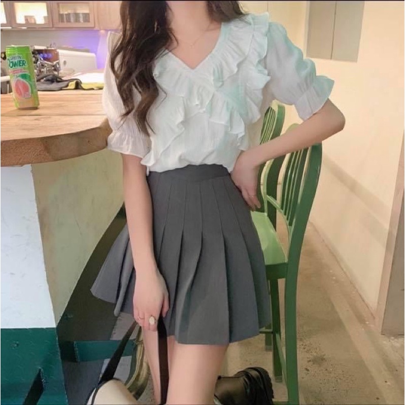 Áo kiểu nữ tay lỡ voan ren bèo vạt chéo ngực trơn tiểu thư - Order taobao quảng châu