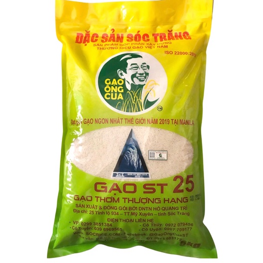 Gạo ST25 đóng gói 5kg của DNTN Hồ Quang Trí nhà bác Cua - Gạo ngon nhất thế giới