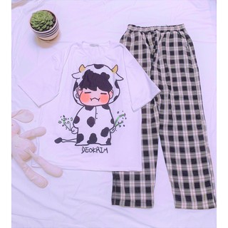 Sét Bộ Áo In Cậu Bé Và Quần Kẻ Đẹp Mặc Mùa Hè, Mặc Ở Nhà, Áo Phông Cotton Mát Mịn Phong Cách Hàn Quốc