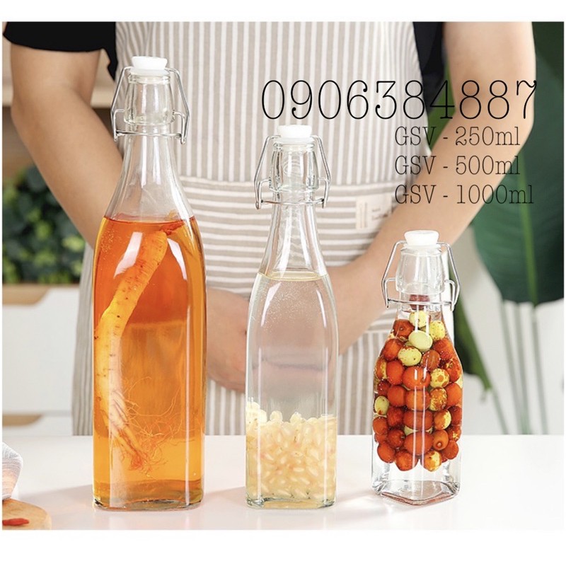 Chai Thuỷ Tinh Vuông | Tròn Gọng Sắt Nắp Cài 1000Ml