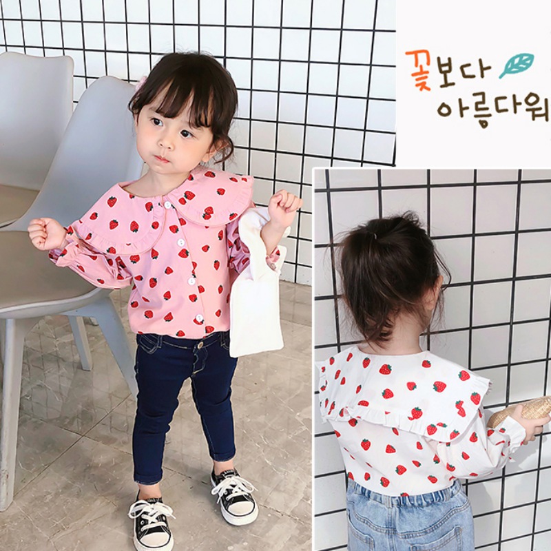 Áo Blouse Bé Gái Tay Dài Hình Quả Dâu Phong Cách Hàn Quốc