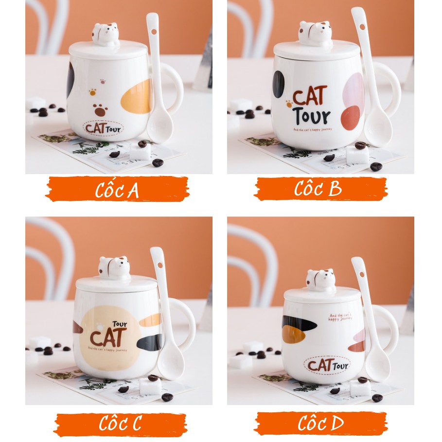 Cốc Sứ Có Nắp Đậy Hình Mèo Cat Tour Ngộ Nghĩnh 400ml