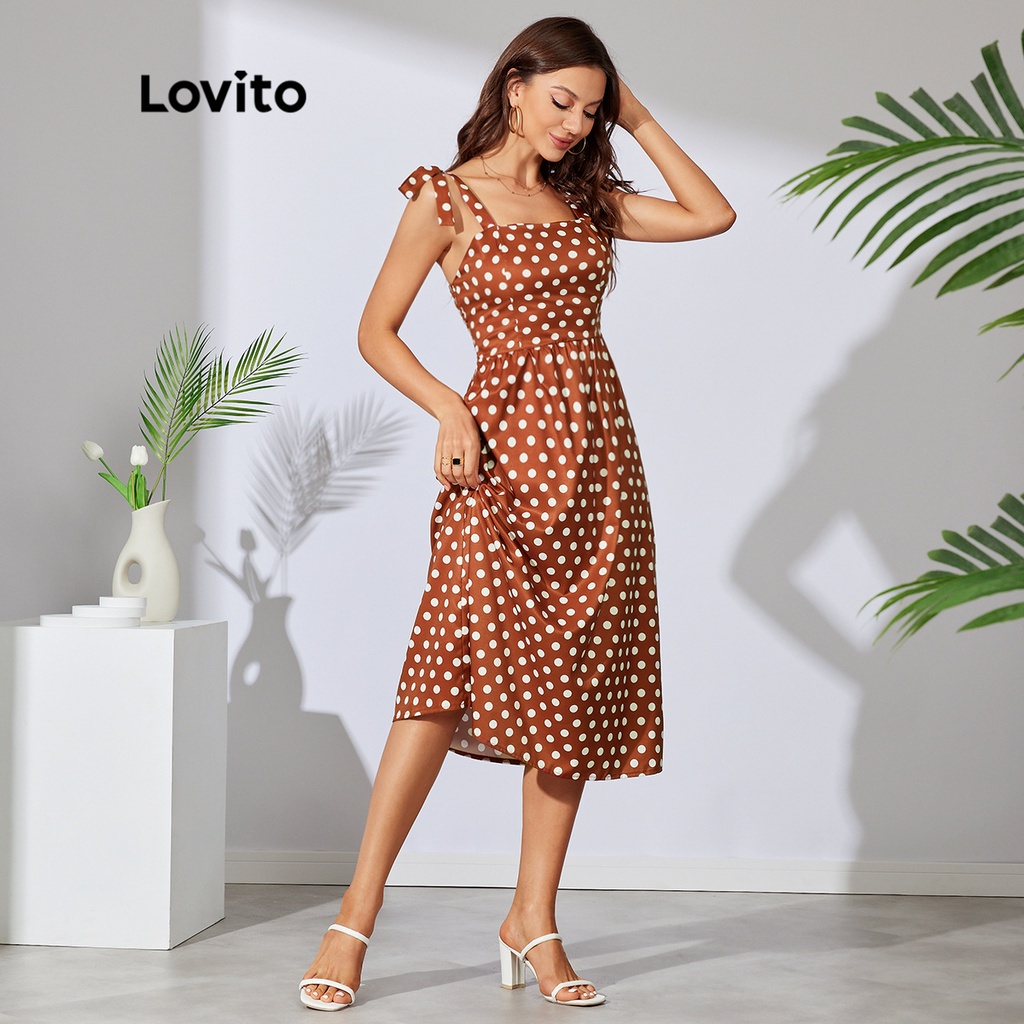 Lovito Đầm Hai Dây Dáng Dài Họa Tiết Chấm Bi Dễ Thương L29LD035 (Nâu)