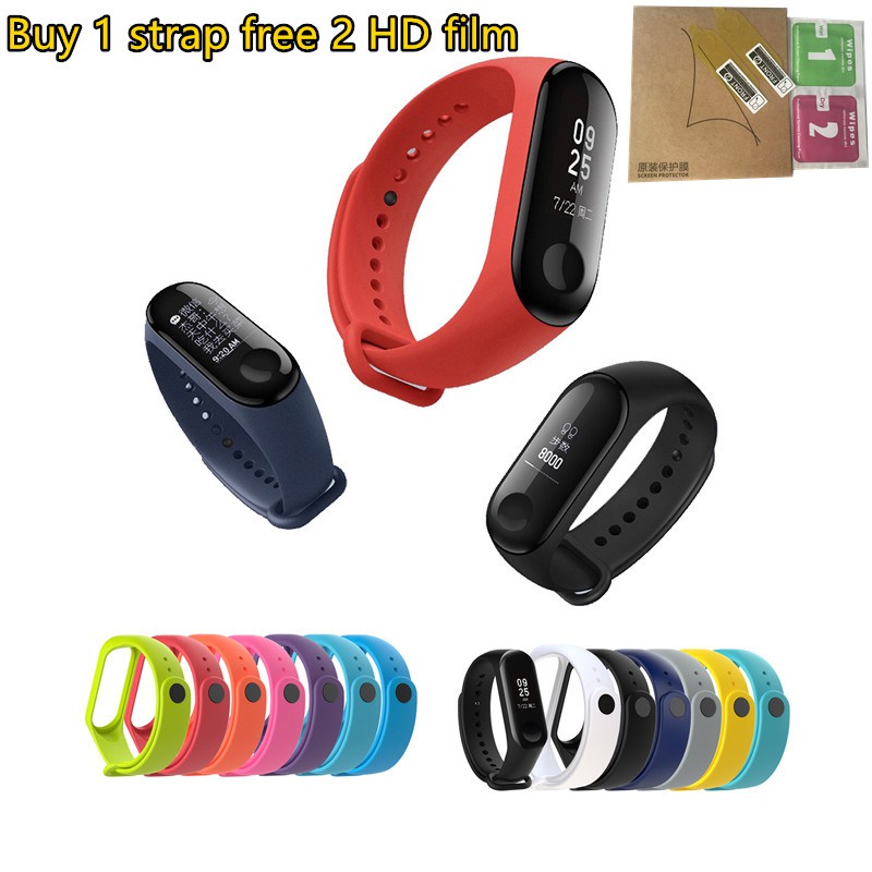 Dây Đeo Thay Thế Chất Liệu Silicon Màu Trơn Cho Xiaomi Mi Band 3 + 2 Miếng Dán Bảo Vệ Màn Hình