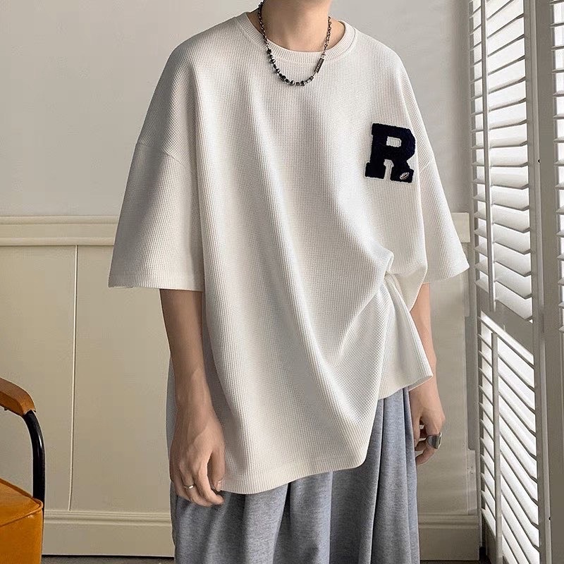 Áo thun unisex,thiết kế tay lỡ dáng rộng thêu xù chữ R 3 màu