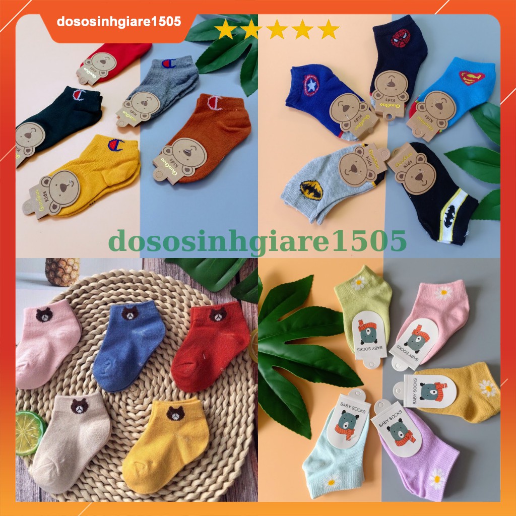 Set 5 đôi vớ len cotton màu mẫu gấu size 0-12 tháng/ Tất sơ sinh em bé mềm mịn