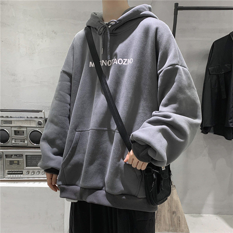 Áo khoác hoodie len lót nhung dày dặn dáng suông rộng thời trang thu đông cho nam size S-4XL
