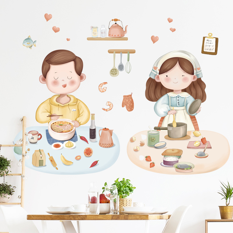 【Zooyoo】Cute couple wall sticker warm kitchen decoration stickers Restaurant milk tea shop decoration wall paste