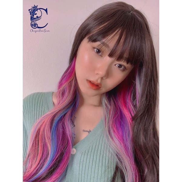 &lt;Ảnh Thật&gt; Tóc Giả Nguyên Đầu Xoăn Nhẹ Line Cầu Vồng 2190