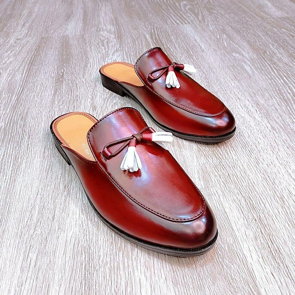 Giày sục da nam đánh màu patina nâu buộc nơ may full viền đế cao su da cao cấp mới nhất 2023