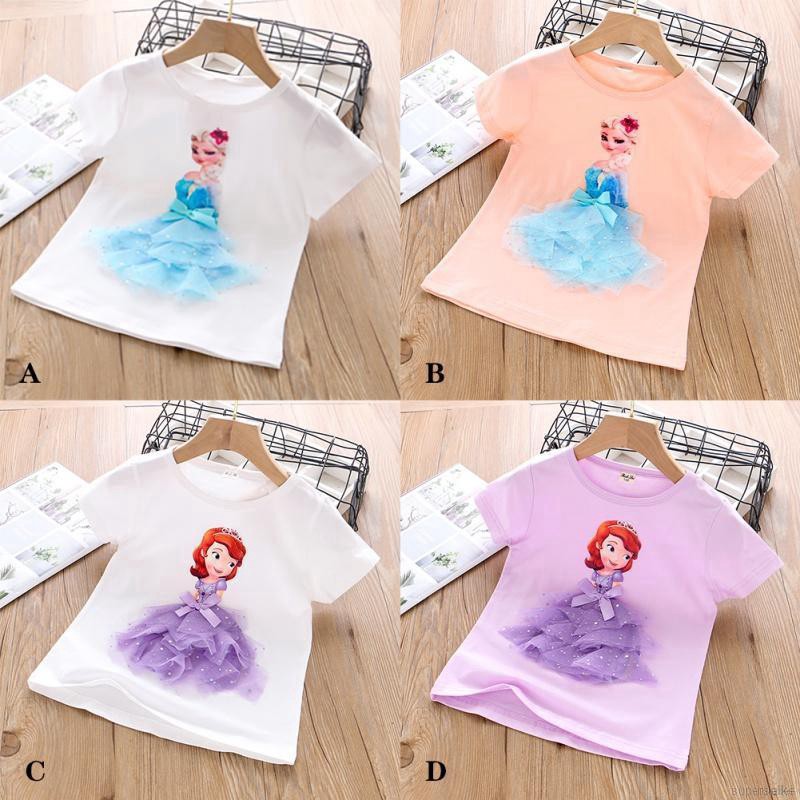 ruiaike  Summer Baby Girls Short Sleeve Shirts Cartoon Frozen Pattern Casual T-Shirts O neck Basic Tee 2-7 Years